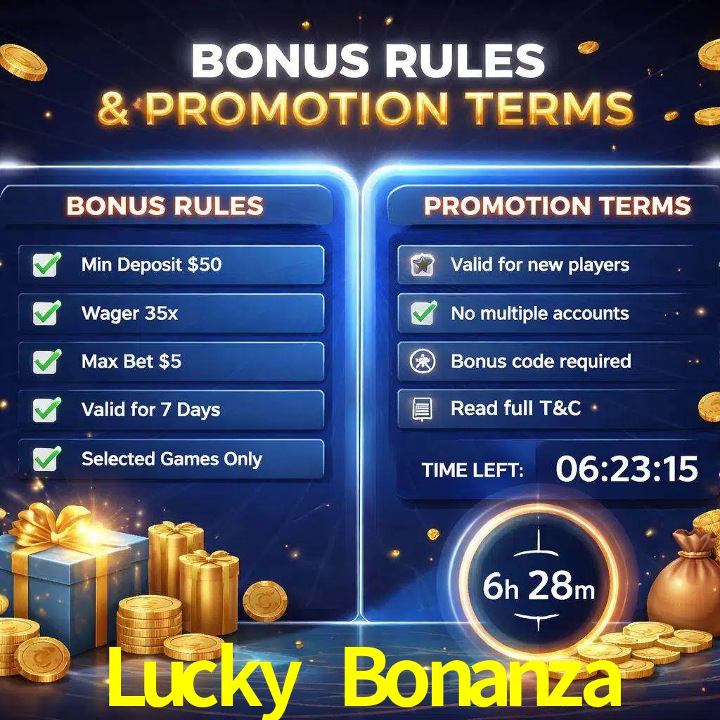 Reglas de promoción Lucky Bonanza y condiciones de bonos explicadas visualmente