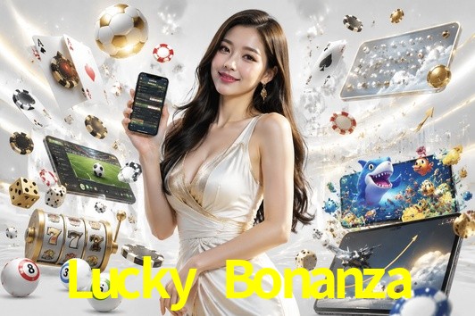 Una escena digital vívida inspirada en casino con Lucky Bonanza mostrado prominentemente, luces brillantes, fichas, cartas y acentos dorados.