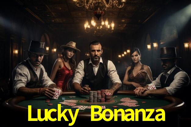Escena dinámica inspirada en casino con iluminación Lucky Bonanza, cartas, fichas e íconos de juegos digitales en un espacio moderno de juegos.