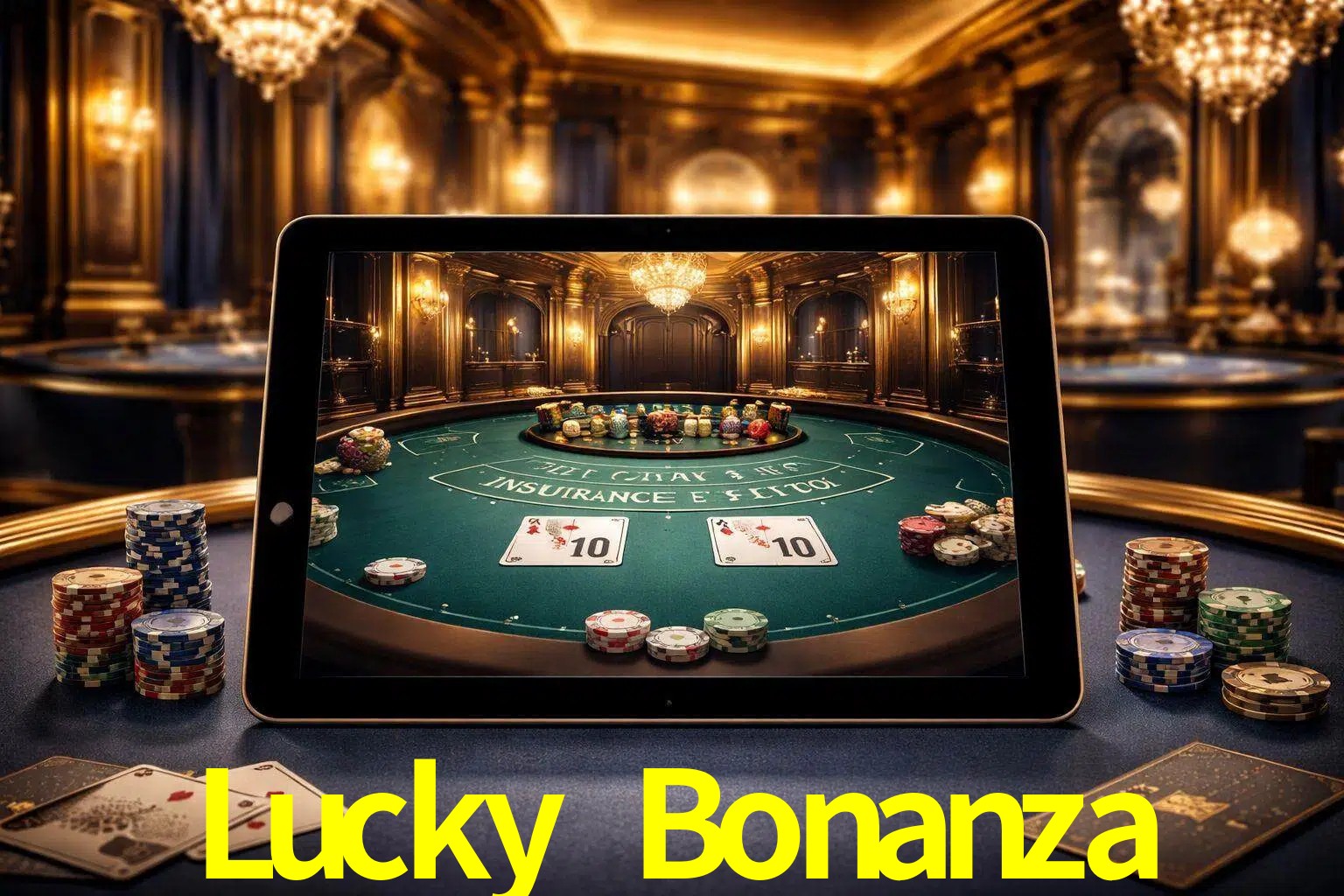 Configuración moderna de casino en vivo con una tableta mostrando una mesa de blackjack, luces cálidas de estudio y una atmósfera elegante de juegos digitales.