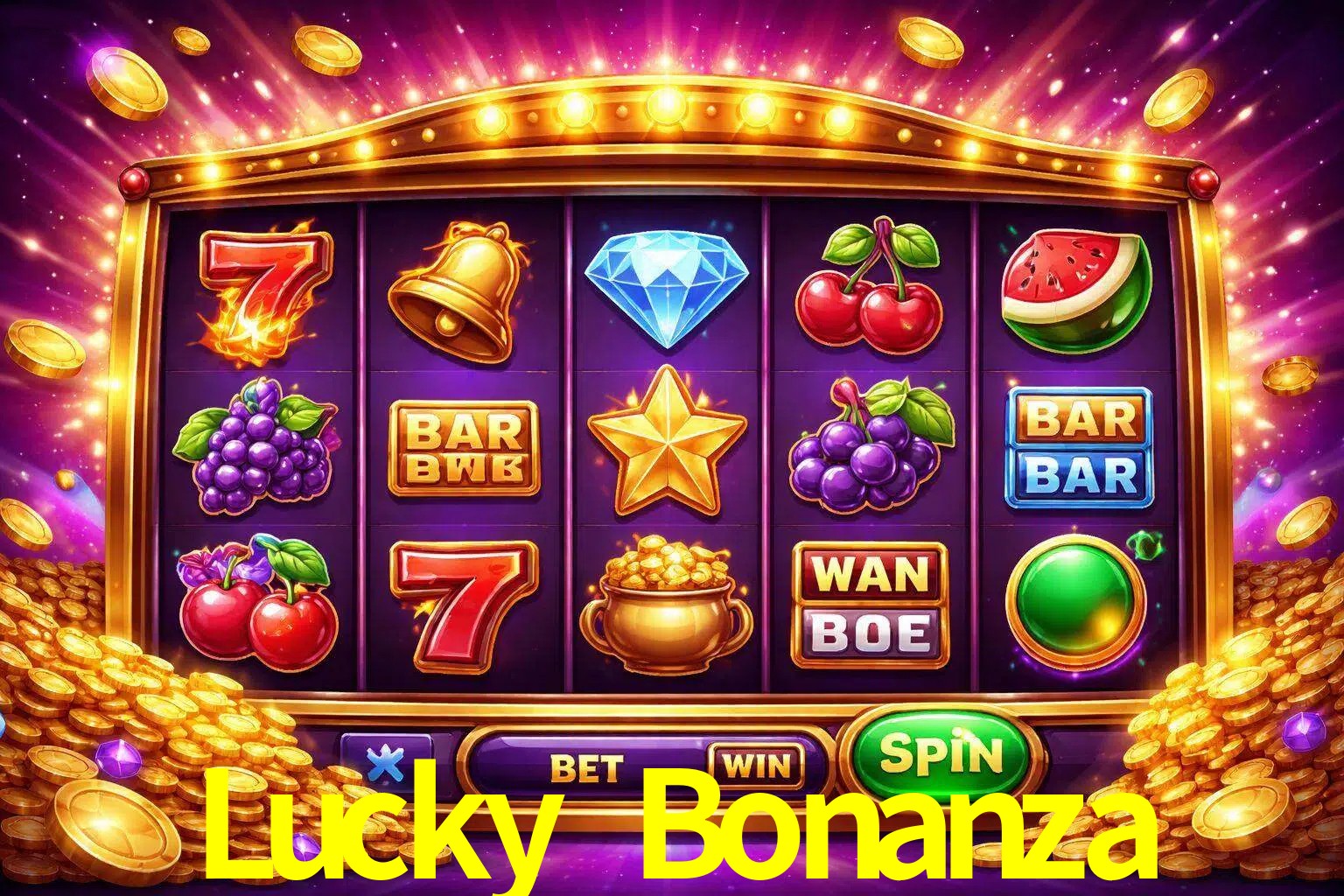 Una interfaz colorida de tragamonedas en línea con símbolos brillantes, monedas y un efecto de victoria celebratoria en Lucky Bonanza.