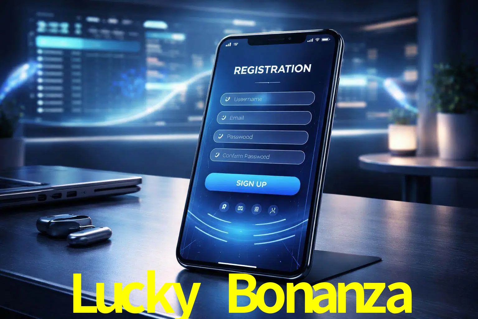 Una interfaz moderna de registro móvil para Lucky Bonanza mostrada en un smartphone con un panel de apuestas elegante.